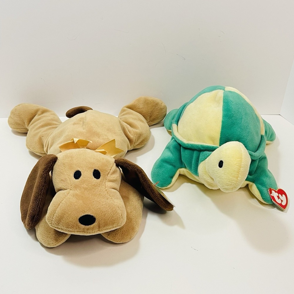 Vintage 1994 Ty Pillow Pals Plush Brown Woof Dog & 1996 Snap Turtle Lot of 2